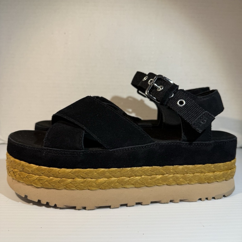 UGG Audrey Black Suede Platform Woven Rattan Sandals Wedges Women's Size 8.5